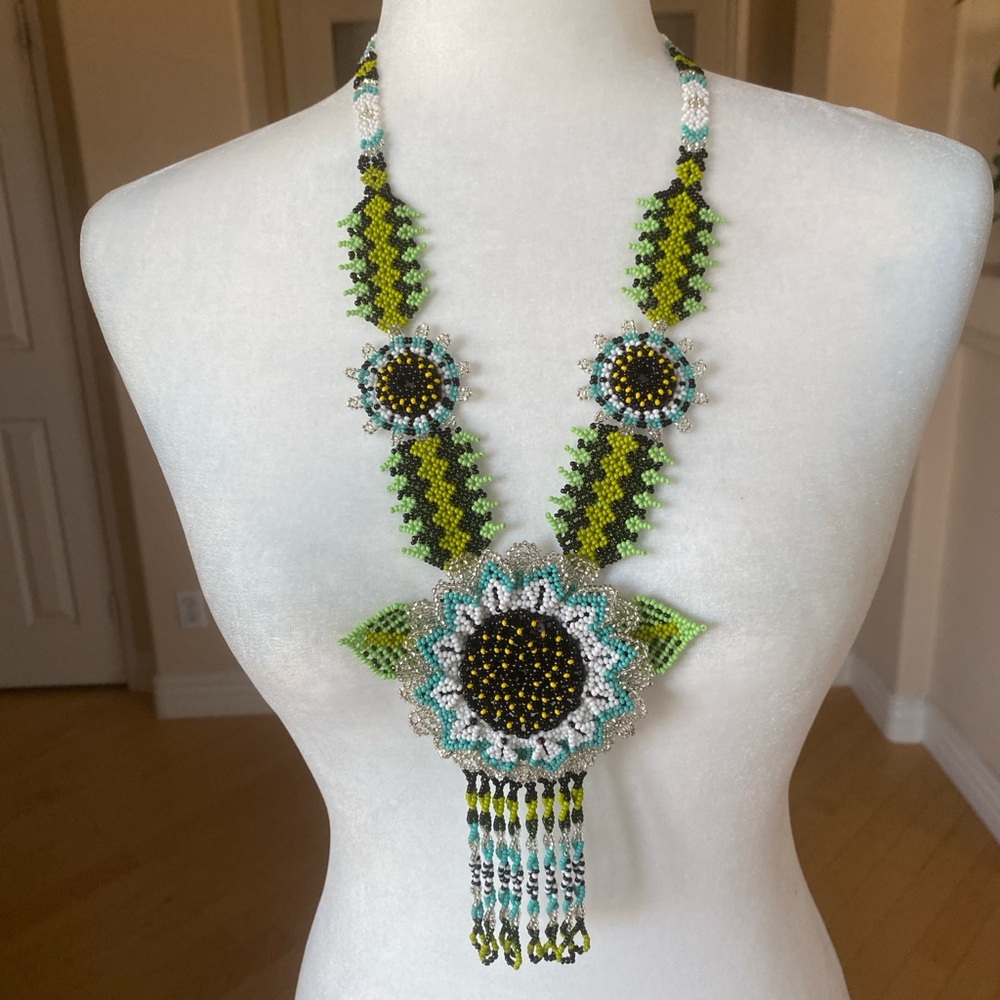 Huichol Handmade Beaded Flower Green and Black Necklace With Cascading Fringe